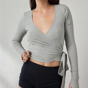 Urban Outfitters Gray Wrap-Front Long Sleeve Crop Top
